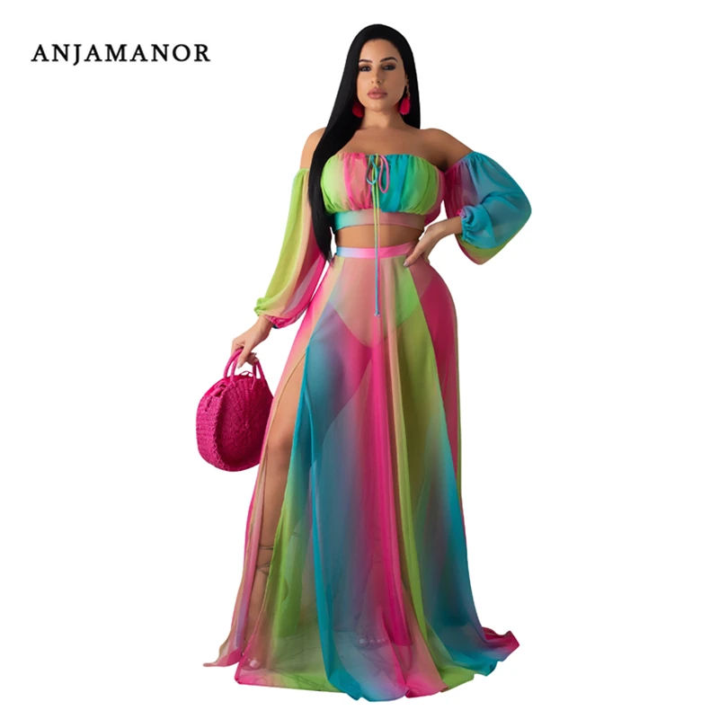 ANJAMANOR Mesh Chiffon Tie Dye Print Sexy Matching Sets 2 Piece Set Long Sleeve Shirt Skirt Sexy Summer Beach Outfits D29-AG48