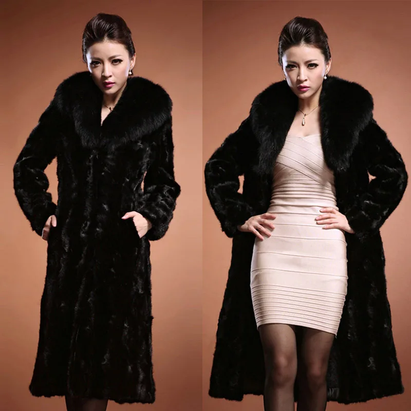 Mink Faux Fur Coat Long Jacket Black 