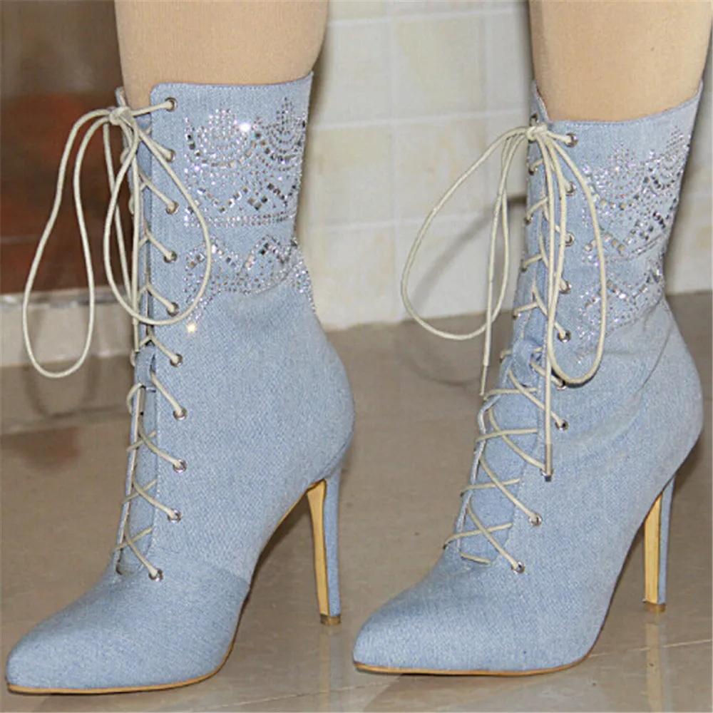 

SHOFOO shoes.2017 new free shipping, blue denim, laser pore decoration, 11 cm high heel boots, Mid-Calf boots. SIZE:34-45