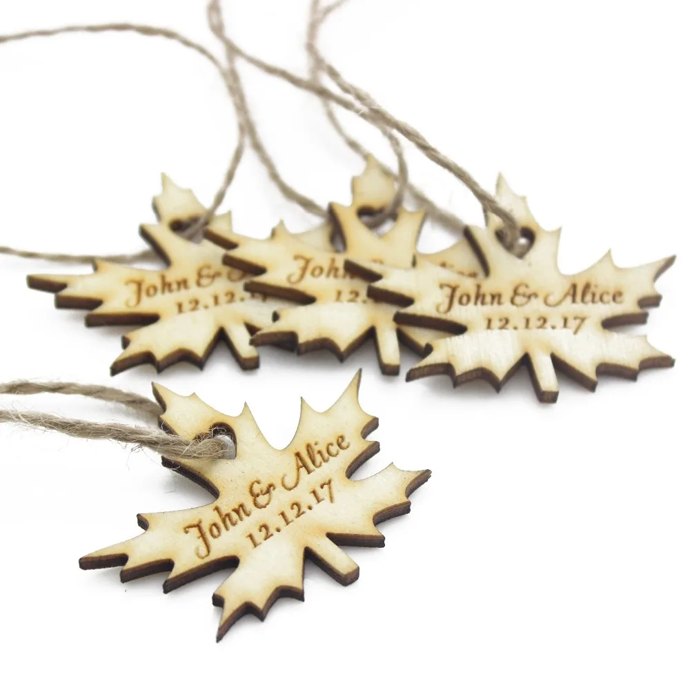 

100pcs Personalized Engraved Wooden Wedding Favor Tags Gift Tag Wine Tags Leaves Mini Logo Tags For Party Presents Favors TD38