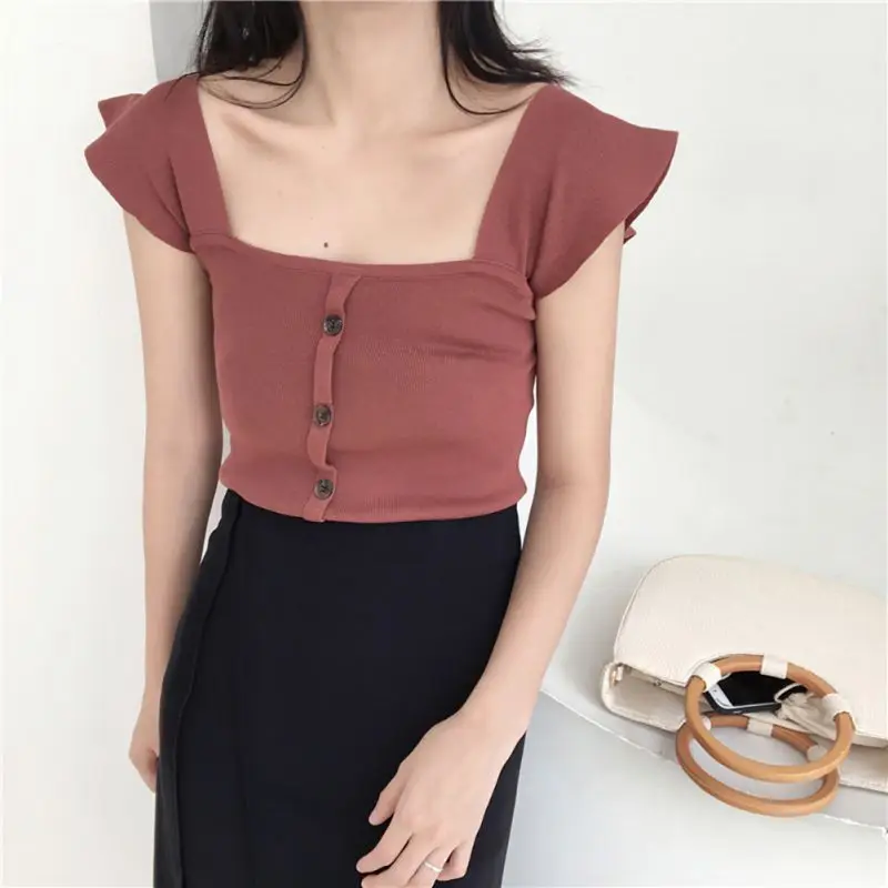

Women's Summer Vest Solid Sleeveless Knitted Female Tank Top Slim Newest Button Woman Tops Sexy Petal Sleeve Female Tank