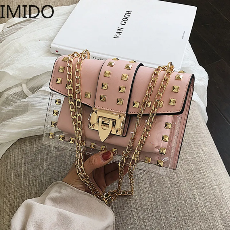 

IMIDOSmall clear Brand Designer Woman 2019 New Fashion Messenger Bag Chains Shoulder Female Rivets Transparent Square PU Handbag