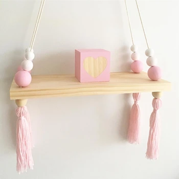 

D Nordic wood Wall Shelves organizer with pink beads and tassel wood hanger Clapboard INS Kids Decoration Party Decor Gifts