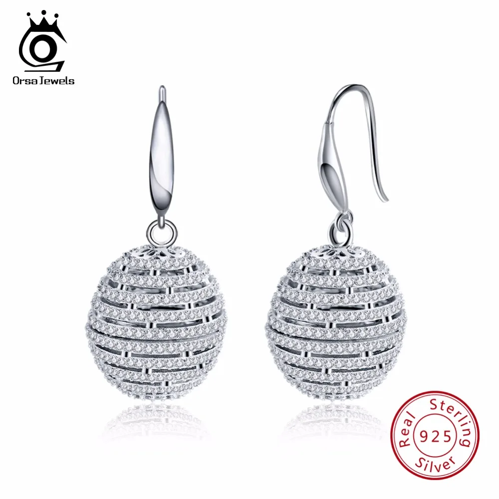 

ORSA JEWELS 925 Genuine Silver Drop Earrings Women Dangle Hook Round Shape Female Earring Fashion Shiny AAA CZ Jewelry SE59