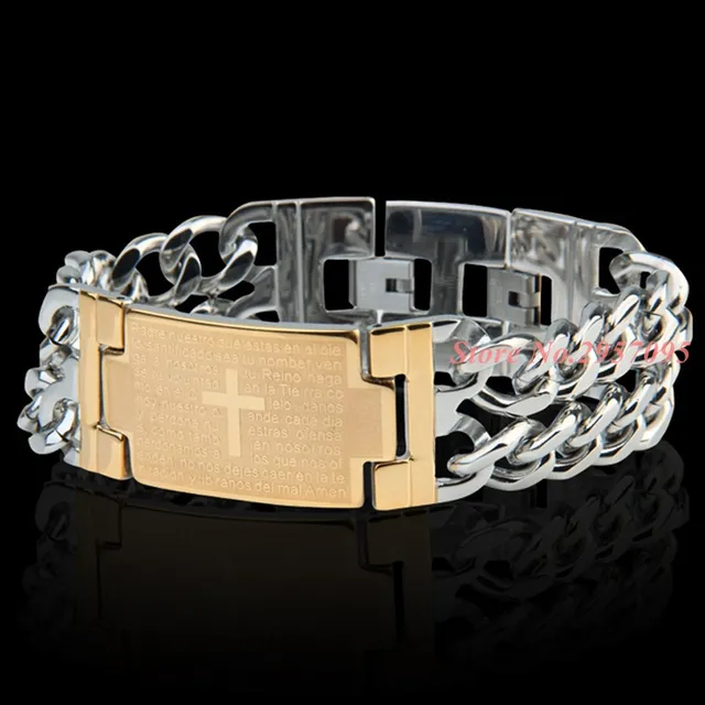 Christian Men's Wide Heavy Religious Cross Prayer ID Bracelet Stainless Steel Men's Curb Chain