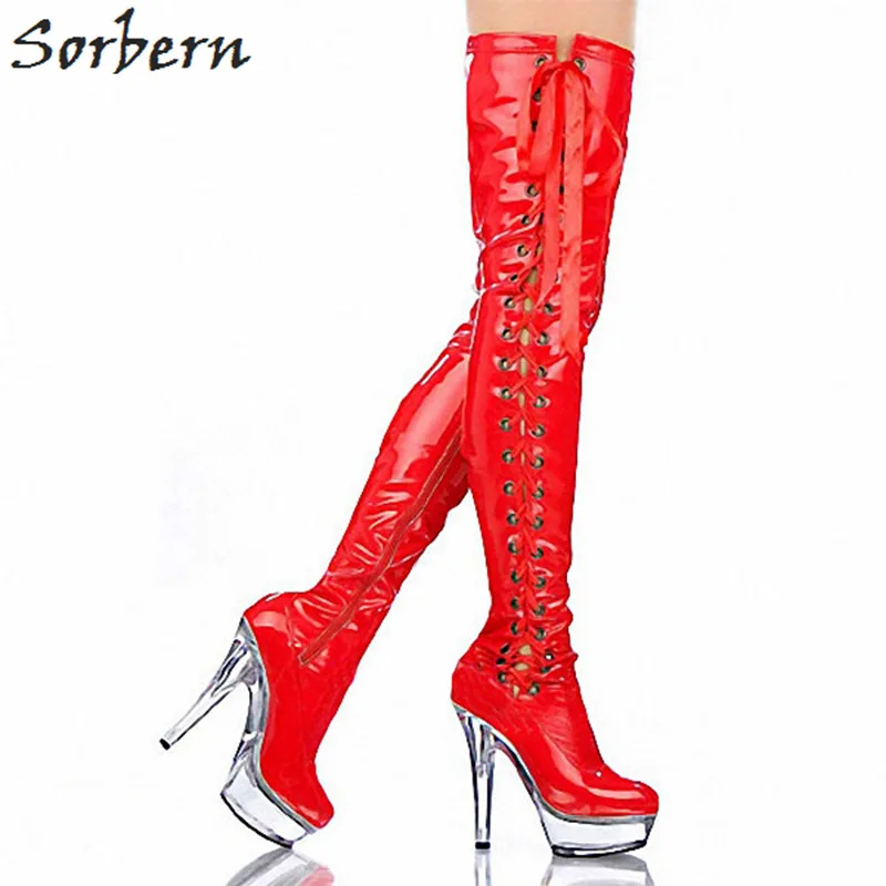 

Sorbern Sexy Red Fetish Heels Boots Custom Leg Length Thigh High Boots Women15Cm High Heels Pole Dance Footwear Boots Shoes