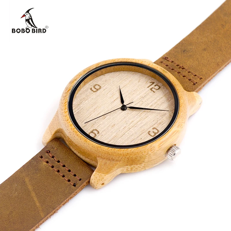 BOBO BIRD Brand Handmade Mens Watches With Brown Genuine Cowhide Leather Strap Wood Watch for Men and Women as Gifts