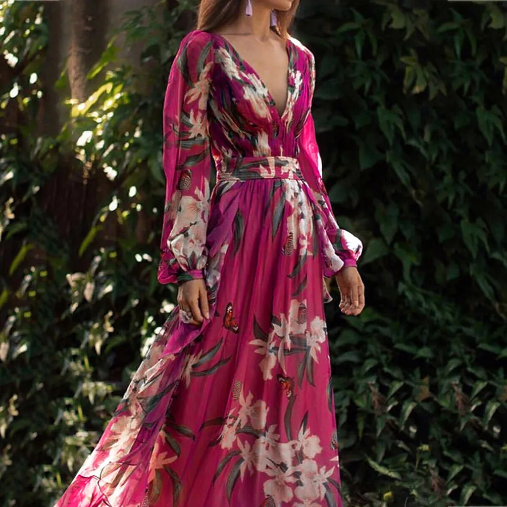KANCOOLD Платье женское модное богемное Цветочное платье с v-образным вырезом ДРАПИРОВАННОЕ Плиссированное шифоновое платье с длинным рукавом Новое Женское платье 2019jul4 - Цвет: Розовый