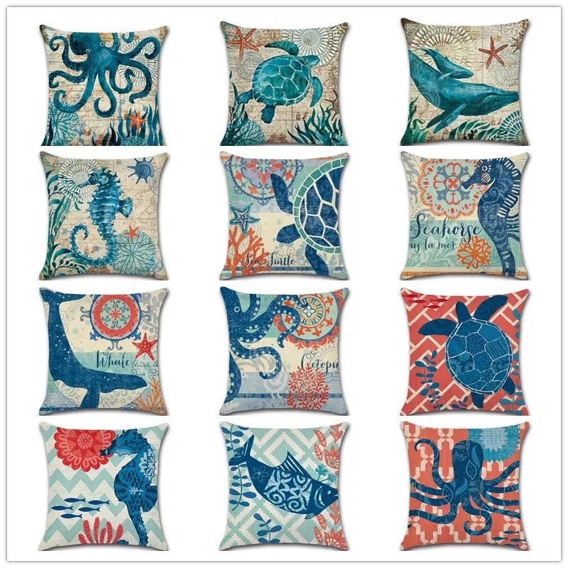 Sea Marine Life Throw Pillowcase Sofa Cushions Covers Home Deco Retro Ocean Blue 