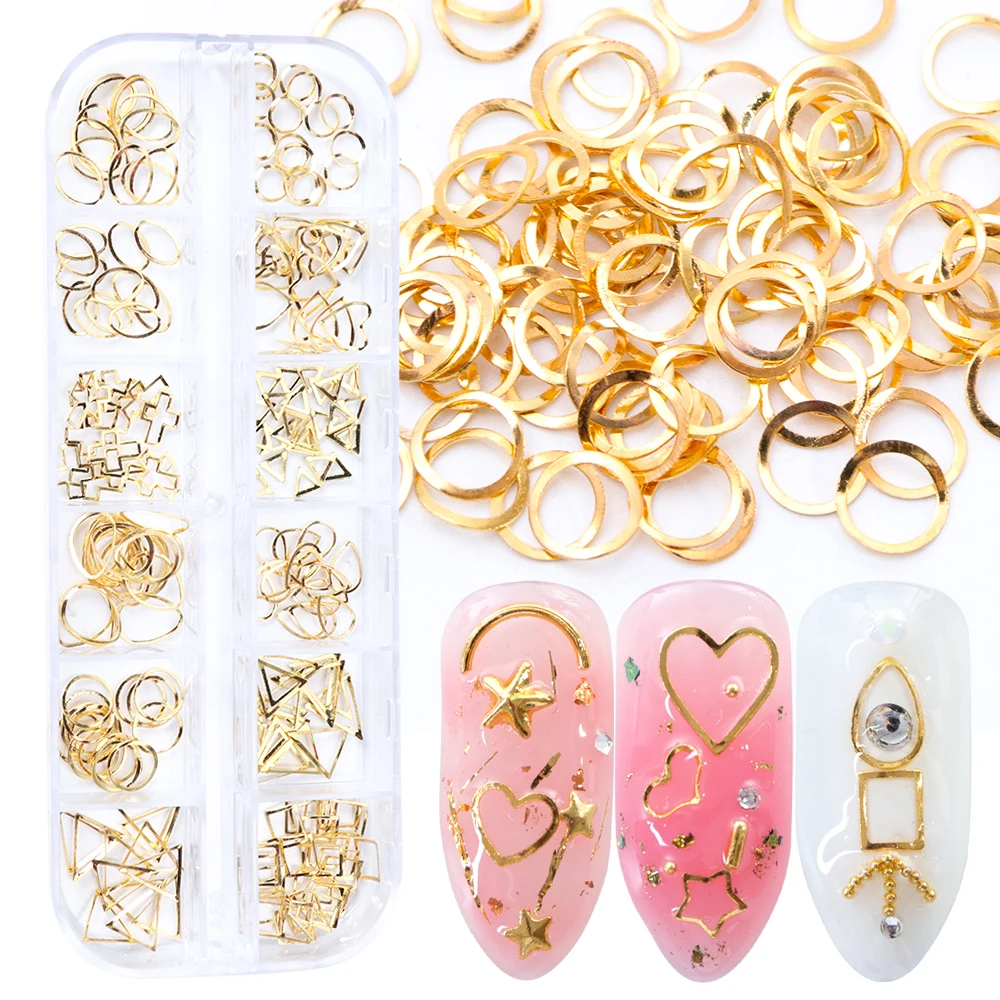 

1 Case Nail Art Gold Hollow Metal Frame Decoration Mix 3D Triangle Round Heart Rivet Nail Studs Slice Manicure Accessories JI753