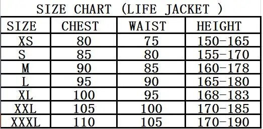 Jet Pilot Vest Size Chart