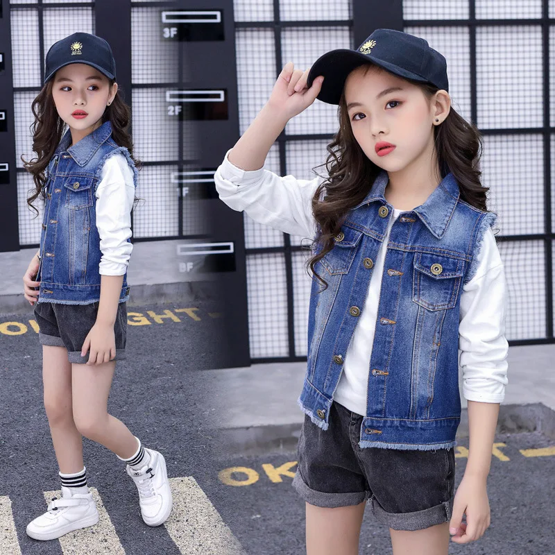 

2019 Girls Casual Denim Vests Waistcoats Girl Fashion Vest Kids Girls Vild Trend Avant-garde Outerwear Vests