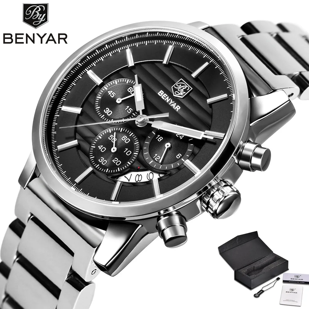 

BENYAR Mens Watches Top Luxury Brand Quart Stop-Watch Functions Military Business Wristwatches For Men Chronograp + Original Box