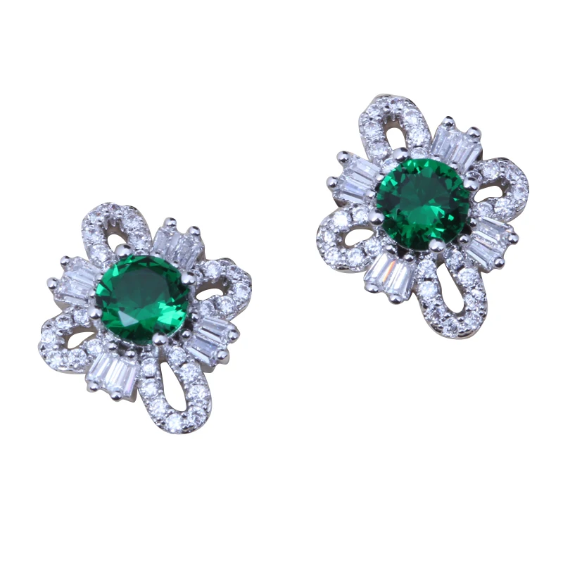 

Green Created Emerald White CZ Silver Color Stud Earrings Zircon Jewelry Free Gift Bag E066
