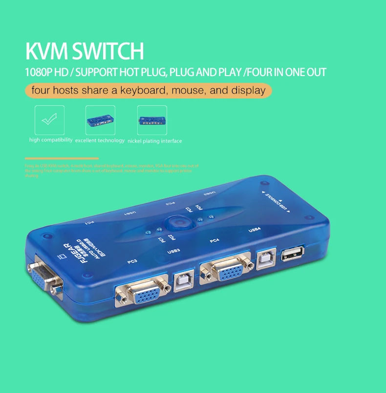 4 порта USB KVM Автоматический коммутатор 4 в 1 выход vga переключатель несколько компьютеров поделиться набором мыши и клавиатуры дисплей FJ-104UK