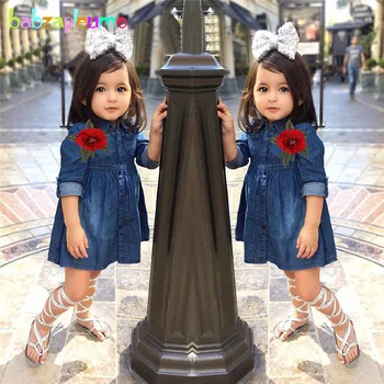 

babzapleume Spring Autumn Baby Girls Clothing Long Sleeve Princess Dress Flower Denim Children Dresses For Kids Clothes BC1273-1