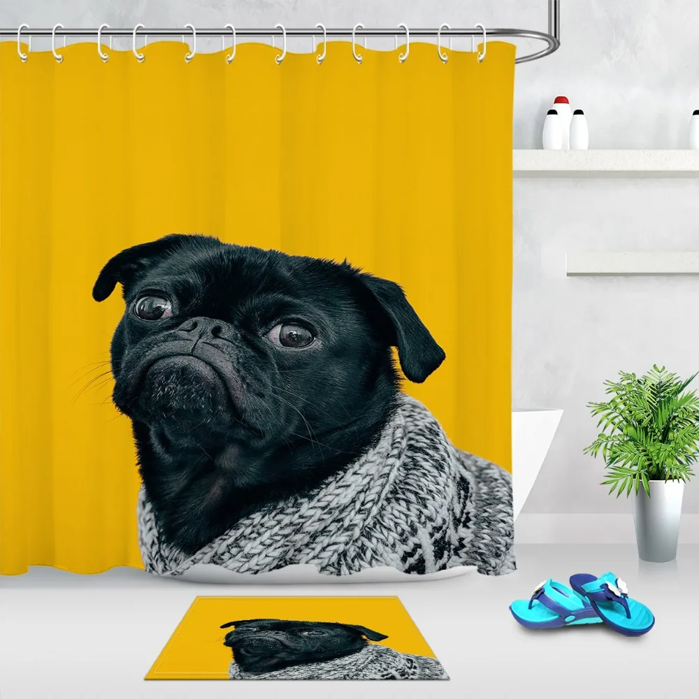 Lovely Animal Pug Puppy Dog Polyester Fabric Shower Curtain Set Bathroom Decor 