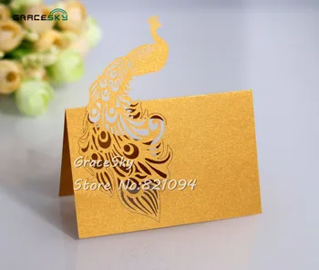 

50pcs free shipping laser cut New Peacock design paper Name Place Cards Wedding invitation Cards for Party Table home Decoration