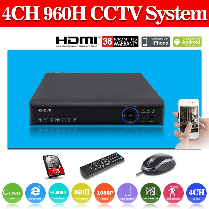  4CH DVR HDMI 960H Digital Video Recorder DVR For Security CCTV Camera System  1TB Hdd  HDMI CCTV Video Surveillance 4CH DVR  Set 