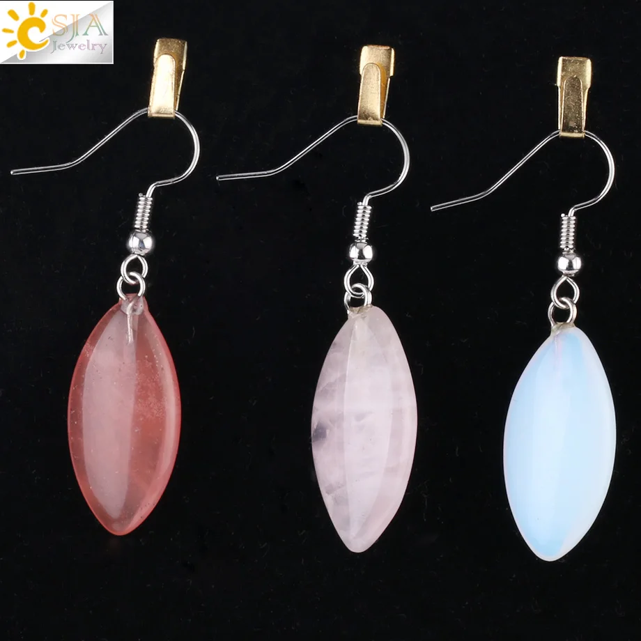 CSJA Natural Stone Dangle Earrings Horse Eye Shaped Pink Purple Crystal Quartz Drop Earring Simple Ear Jewellery for Women F978