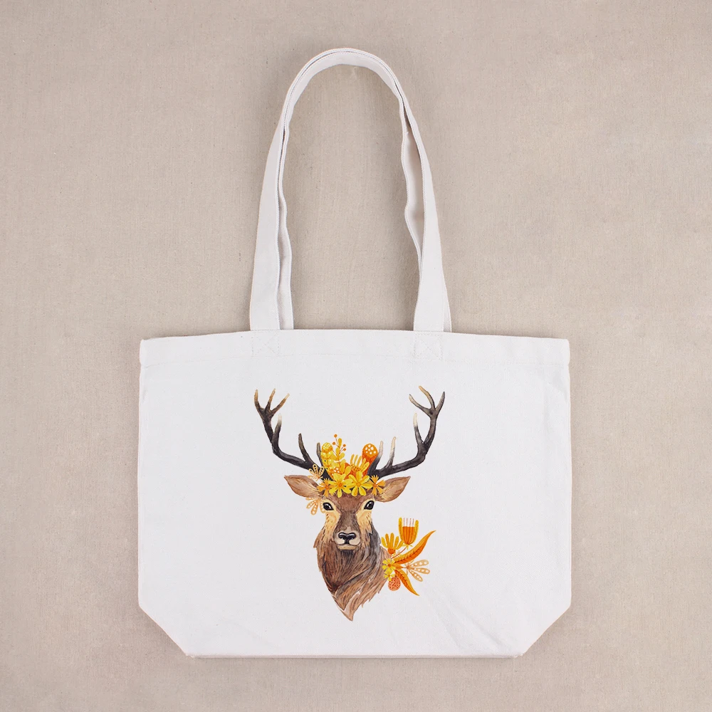 Cotton Canvas Handbag Deer Flower Printed Shoulder Bag Large Capacity Ladies Beach Bag Women ...