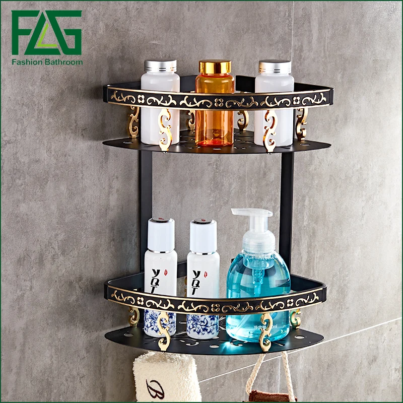 

FLG Bathroom Shelves Dual Tier Wall Corner Mounted Storage Basket Rack Holder Hooks Space Aluminum black Bathroom Accessories