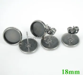

18mm Antique Silver Plated Blank Bases Round Bezel Pin Stud Earrings Post w/ Stopper Back Settings Findings Craft Wholesale