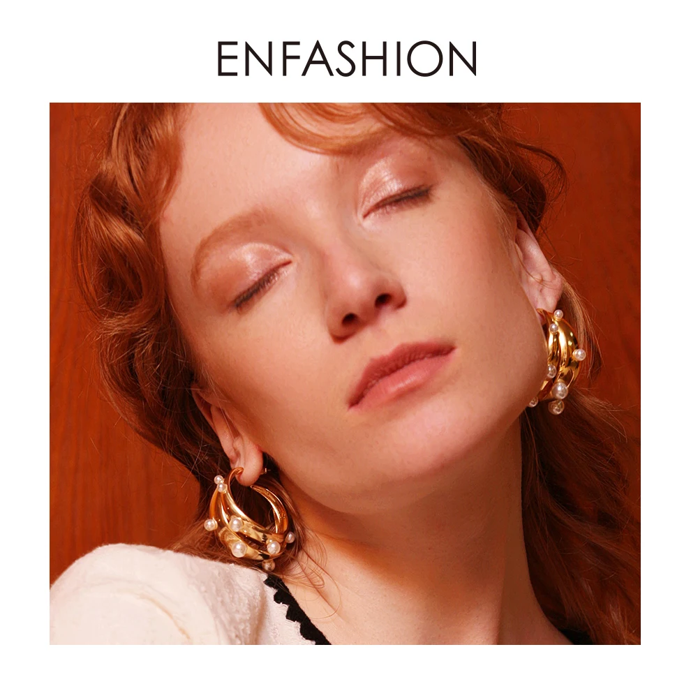 ENFASHION, серьги-кольца в стиле панк с жемчугом, двойной C, для женщин, золотой цвет, большие эффектные серьги, модные ювелирные изделия, Pendientes Aro EC191042
