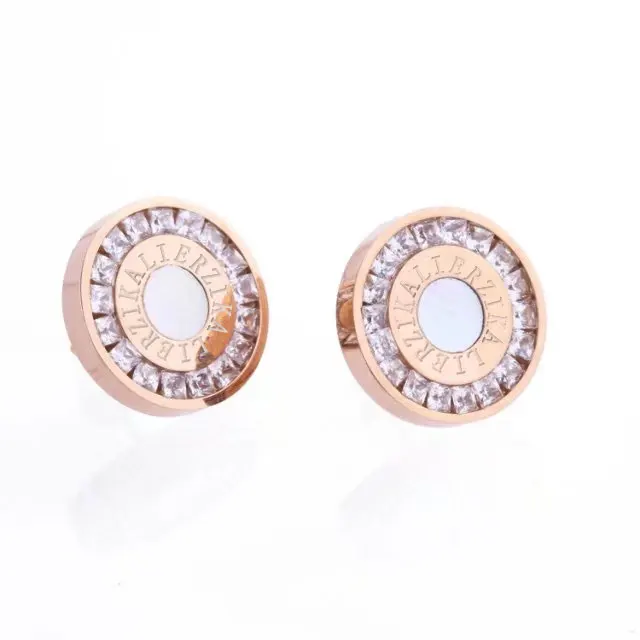 

Lierzika brand stainless steel double round white shell square stone lady earrings