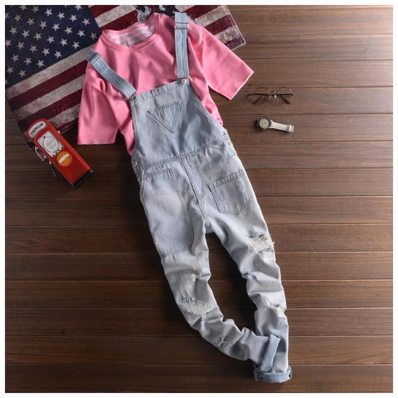 

2018 Mens Distressed Jeans Bib Overalls Fashion Light Blue Denim Work Overalls Men One Piece Denim Jumpsuit Long Trousers XXL