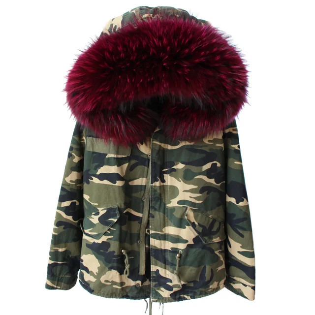 2017 Spring Large Real Raccoon Collar Women Hooded Camo Jacket Female Coat with Real Fox Fur 