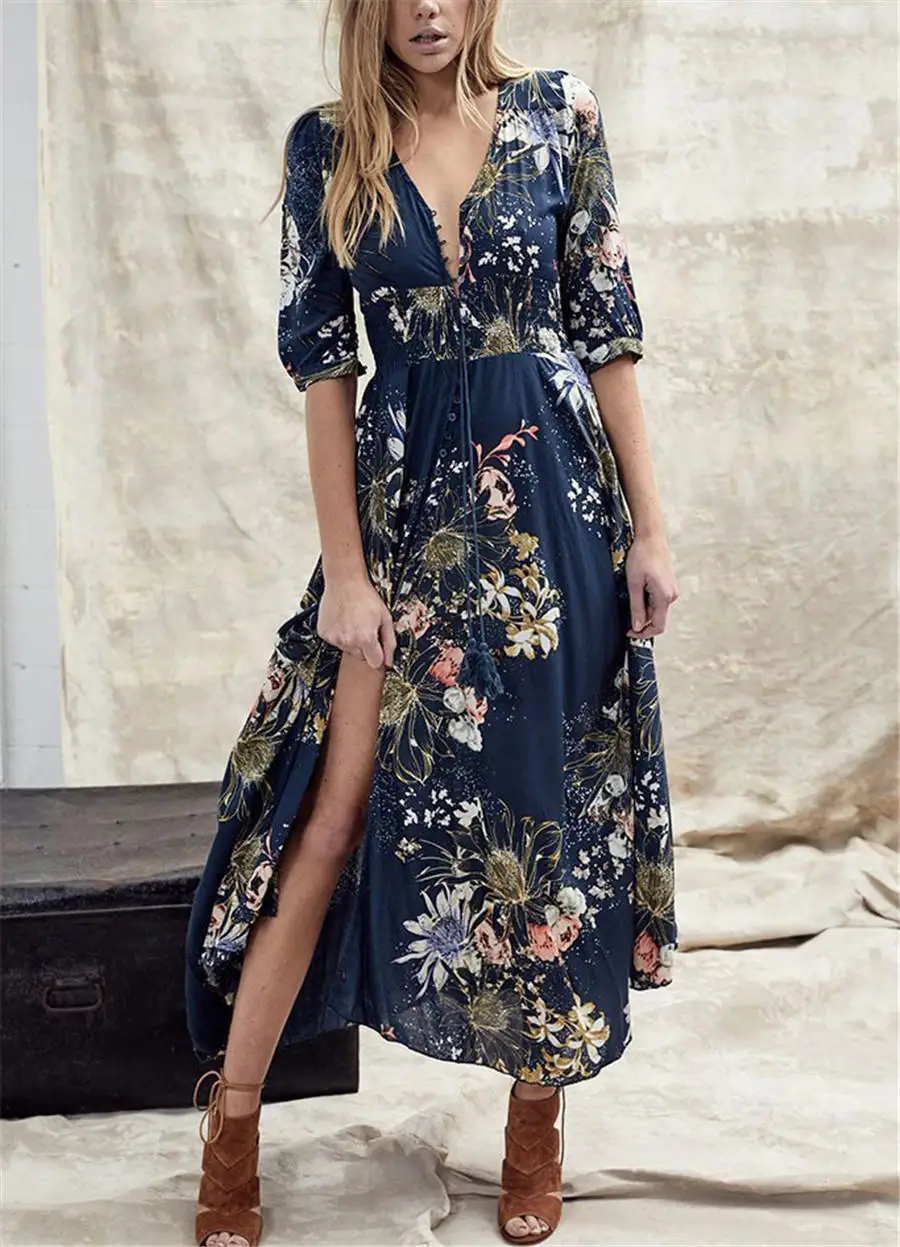Gladiolus 2019 Spring Summer Dress Women 34 Sleeve V Neck Sexy Floral Print Bohemian Women Maxi Dress Long Beach Ladies Dresses (74)