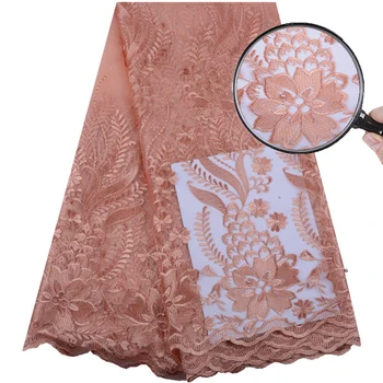 

Peach Nigerian French Lace Fabric 2019 African Tulle Lace High Quality African Lace Fabric With Beads For Women Dress 1553