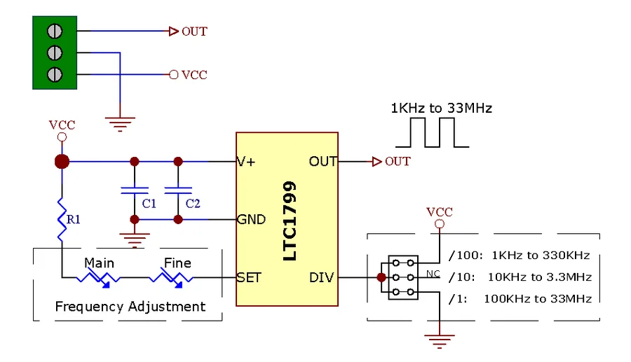 1 кГц до 33 МГц Регулируемый осциллятор модуль, LTC1799