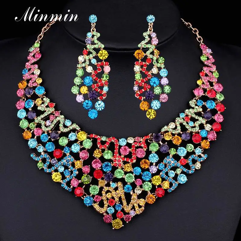 

Minmin Luxury Crystal Bridal Jewelry Set Wedding Engegament Necklace Earrings Set for Women Unique Party Fashion Jewelry TL408