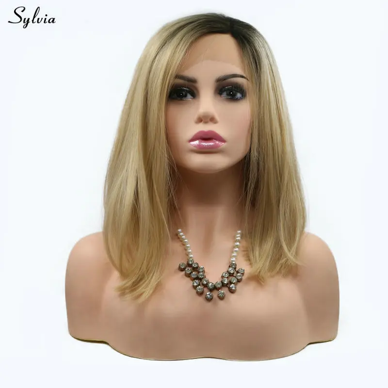 

Sylvia Blonde Bob Wig Natural Straight Synthetic Hair Short Dark Roots to Gold/Blond High Temperature Lace Front Wigs for Ladies