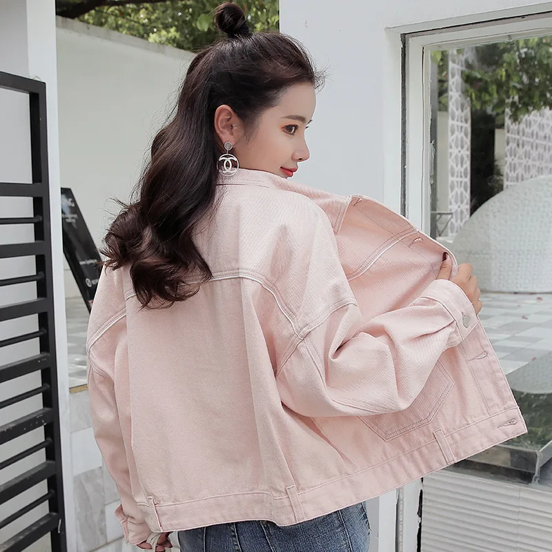 

2019 Fashion Jeans Jacket Women Large size Spring Autumn Loose Long Sleeve Short Denim Jacket Pink Coats Solid color Denim top