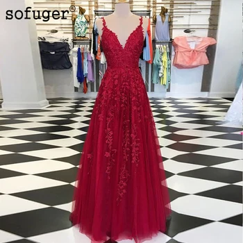 

Sofuge Burgundy Sky Blue Long Evening Dresses Prom Lace Appliques Long Backless Strap Tulle Arabic Muslim Special Occasion