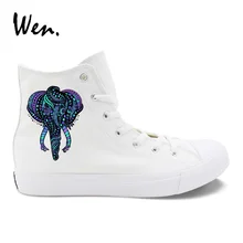 Wen Design Elephant Totem Ethnic Style Womens White Casual Canvas Shoes High Top Black Mens Vulcanized Sneakers