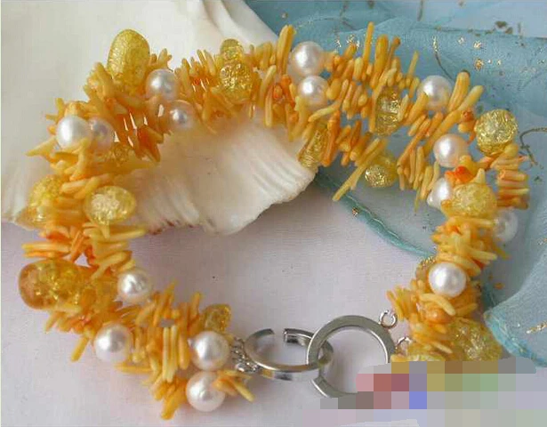 

free shipping 08796 3ROW WHITE RICE PEARL YELLOW CORAL BRANCH bracelet