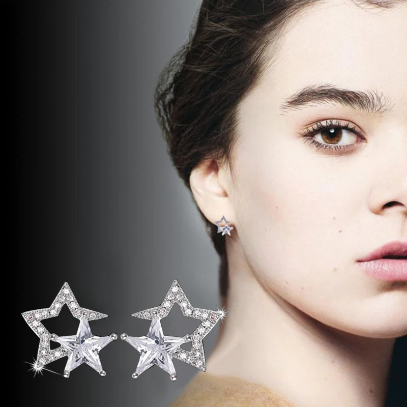 

Fashion AAA Cubic Zircon CZ Double Star Stud Earrings For Women Girls Silver Color Earrings Party Jewelry Drop Shipping