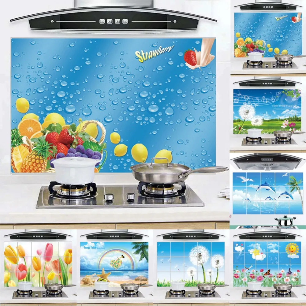 

1Pc Waterproof Aluminum Foil Oilproof Removable Wall Sticker Home Decor Kitchen Tulip Flower Dolphin Fish Beach Ocean Wall Decor