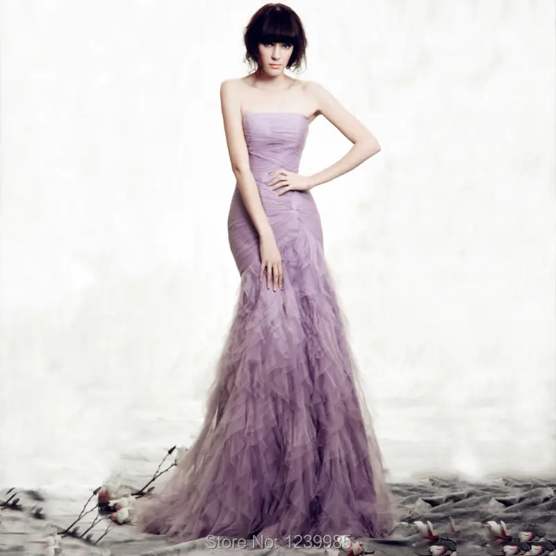  Fashion Red Carpet Dresses purple soft net fish tail Celebrity  formal dresses Draped Ruffle Free Shipping Hot Sale 
