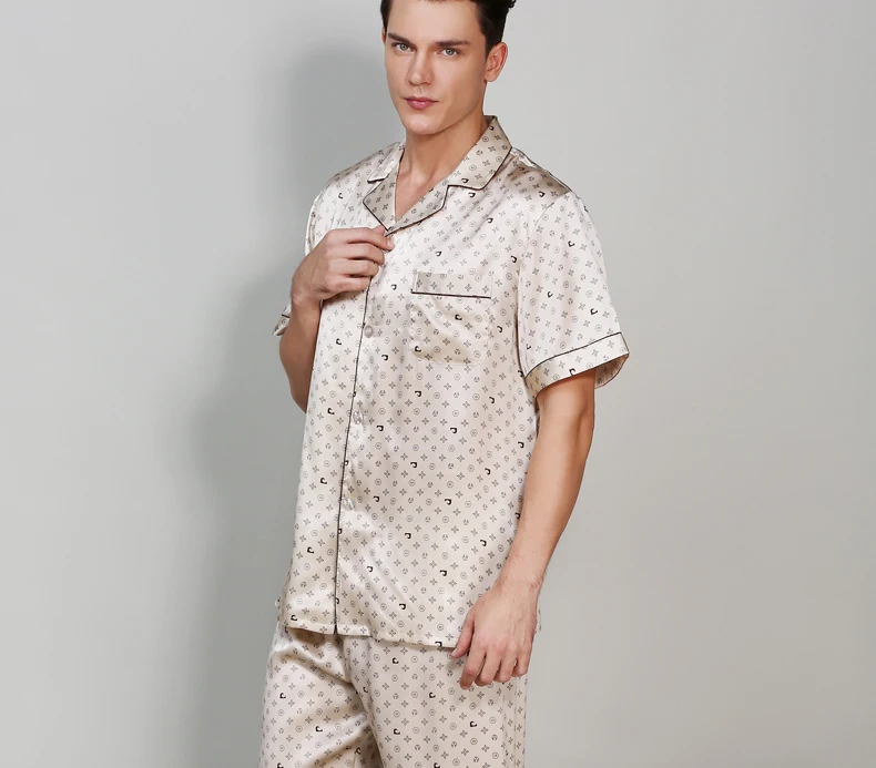 Пижамный комплект шелковые пятна Человек Лето рубашка с короткими рукавами и шорты шелковые домашние наборы мужские пижамы ночной костюм пижамы наборы