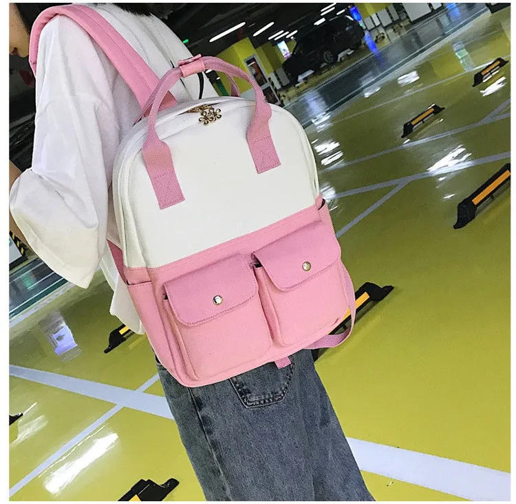 MJ Women Canvas Backpack Fashion Patchwork Canvas Travel Bag Female Large Capacity School Bag Backpack for Teenage Girls (7)