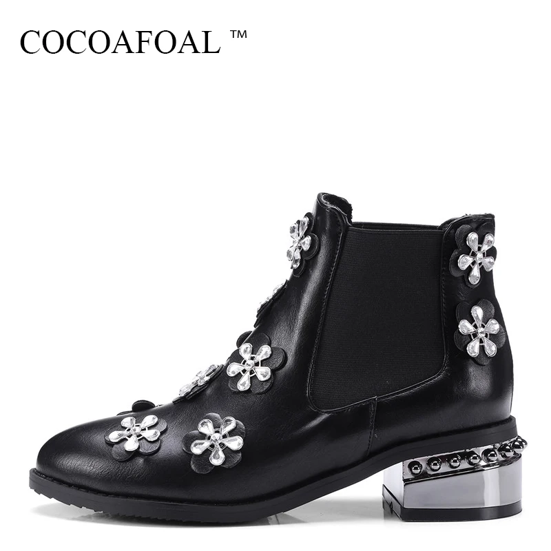 

COCOAFOAL Woman Winter Crystal Ankle Boots Black String Bead Chelsea Boots Plus Size 33 43 Fashion Sexy High Heels Martin Boots