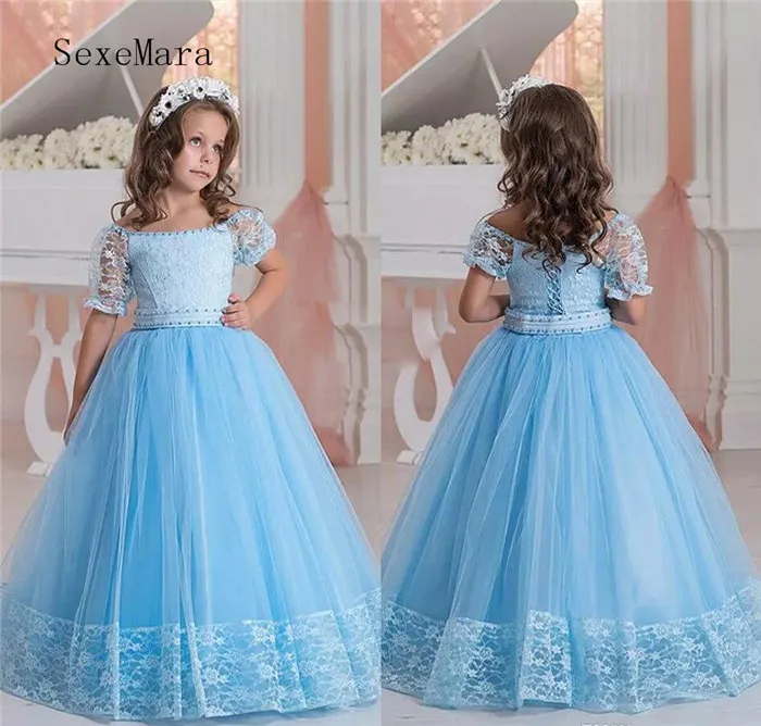 

Light Blue Flower Girls Dresses Off Shoulder Short Sleeves Lace Kids Party Dress Formal Wear Lace Up Girls Pageant Gown