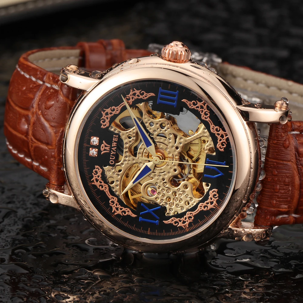 OUYAWEI винтажный дизайн мужские часы Скелет циферблат розовое золото часы Бабочка застежка мужские наручные часы Авто механические часы Montre Homme
