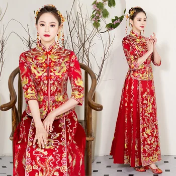 

Chinese Style Bride Wedding Dress Vintage Embroidery Oriental Women Marriage Suit Dragon&Phoenix Cheongsam Classic Long Qipao