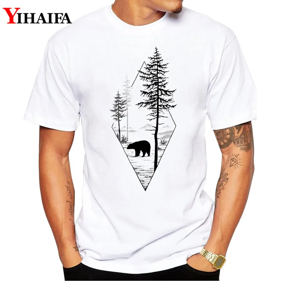 

Men T Shirt gym Print Bear Tree Forest Graphic Tee Short Sleeve White T-Shirts Summer Simple Pattern Tops